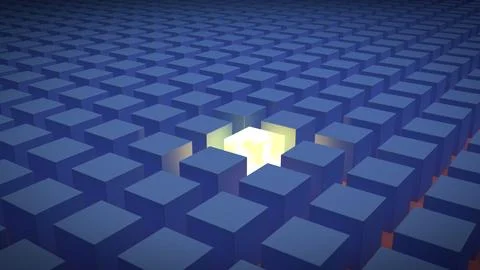 A standout luminous yellow / white cube, amongst rows of identical blue cubes Stock Illustration