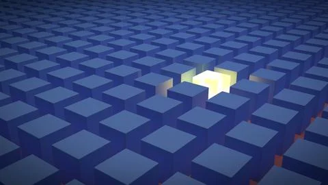 A standout luminous yellow / white cube, amongst rows of identical blue cubes Illustrazione stock