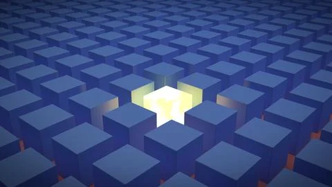 A standout luminous yellow / white cube, amongst rows of identical blue cubes Stock Illustration