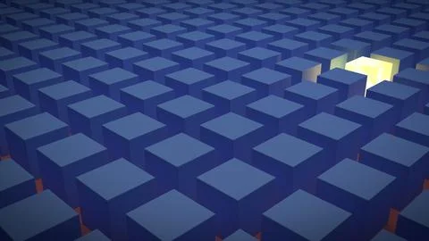 A standout luminous yellow / white cube, amongst rows of identical blue cubes Stock Illustration