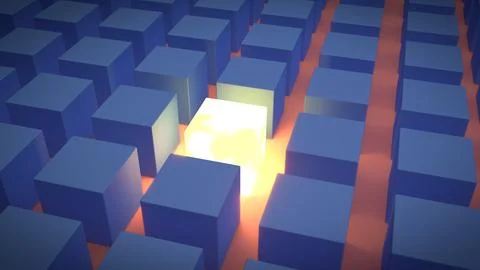 A standout luminous yellow / white cube, amongst rows of identical blue cubes Stock Illustration