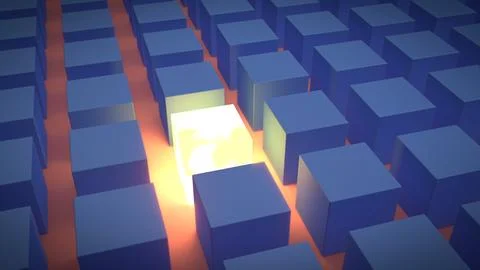 A standout luminous yellow / white cube, amongst rows of identical blue cubes Stock Illustration