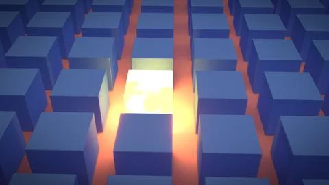 A standout luminous yellow / white cube, amongst rows of identical blue cubes Stock Illustration