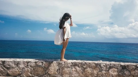 Stands on the edge of a cliff on the background of the Caribbean sea Stock-Footage 96005693