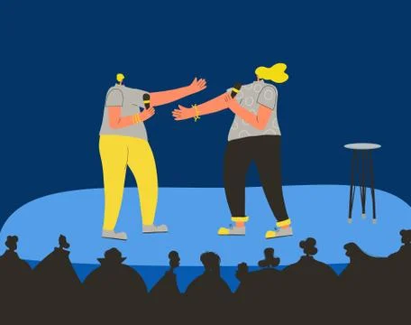 Standup show. Duet comic performing on a stage. Comedians.  Vector flat chara Stock Illustration