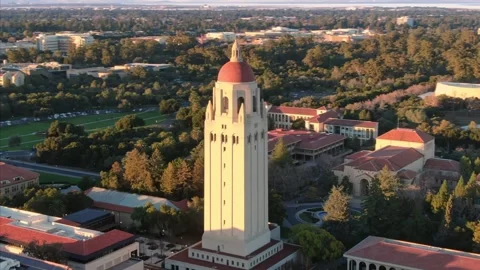 Stanford University campus view at sunset, with Hoover Tower. Palo Alto, USA Stock Footage 313763704