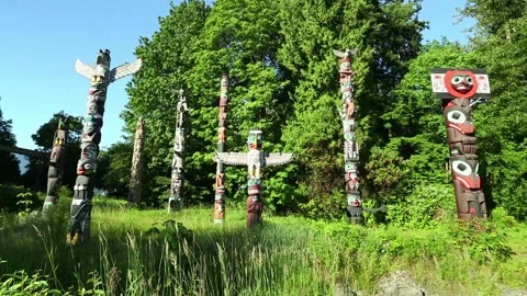 Stanley Park First Nations Totem Poles Vancouver Canada Stock Footage 152953182