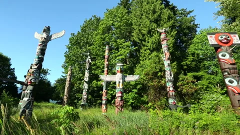 Stanley Park First Nations Totem Poles Vancouver Canada Stock Footage 155529283