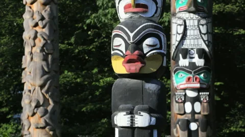 Stanley Park Totem Poles in Vancouver BC, Canada Stock Footage