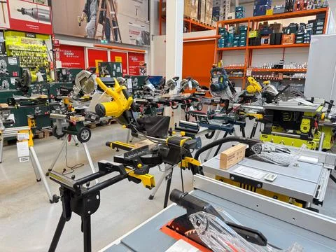 Stanley power tools displayed inside hardware store. Stock Photos