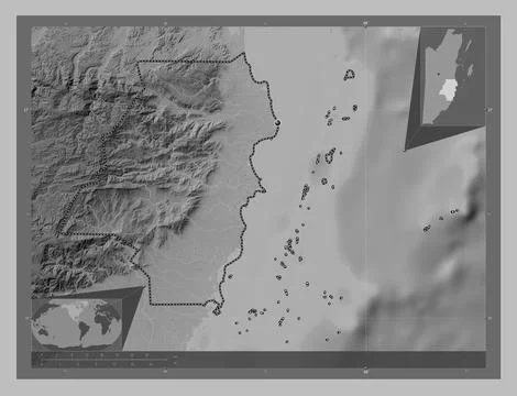 Stann Creek, Belize. Grayscale elevation map with lakes and rivers Stock Illustration