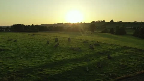 Stanton Drew Stone Circle Stunning Sunset 4K Drone Gliding, Somerset, UK Stock Footage 162858779