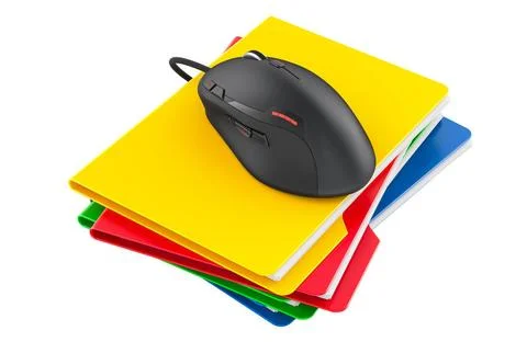 Stapel von Ordnern mit Computermaus, 3D-Rendering Stack of folders with co... Stockfoto's