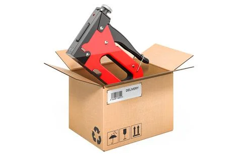 Staple gun inside cardboard box, delivery concept. 3D rendering Illustrazione stock