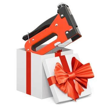 Staple gun inside gift box, present concept. 3D rendering Ilustración de archivo