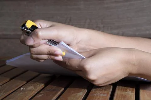 Stapler for binding sheets of paper. Foto stock