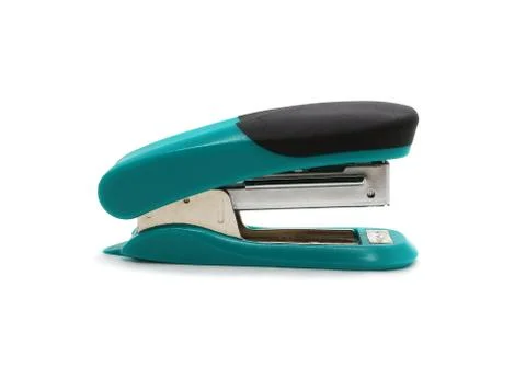 Stapler for office work plastic turquoise isolated on white background. Stock Photos