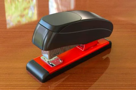 Stapler on the wooden table, 3D rendering Stock Illustration