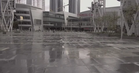 Staples Center - Tracking Side To Side Of Building With Wet Concrete Stock Footage 87500448