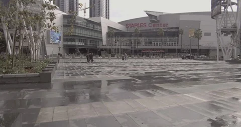 Staples Center - Tracking Side To Side Of Building With Wet Concrete Stock Footage 87501854
