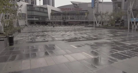 Staples Center - Tracking Towards Building With Wet Concrete Stock Footage 87497571