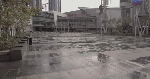 Staples Center - Tracking Towards Building With Wet Concrete Stock Footage 87498408