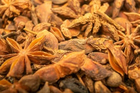 Star anise is the surface texture. Close up. Stock Photos