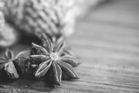 Star anise on table about warm scarf. Stock Photos