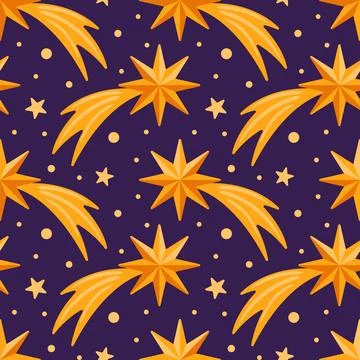 Star of Bethlehem, Comet, Night Sky Seamless Pattern. Stock Illustration