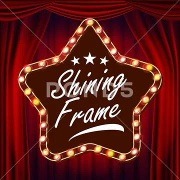 Star Billboard . Red Theater Curtain. Shining Light Sign Board. Realistic Shine Stock Illustration