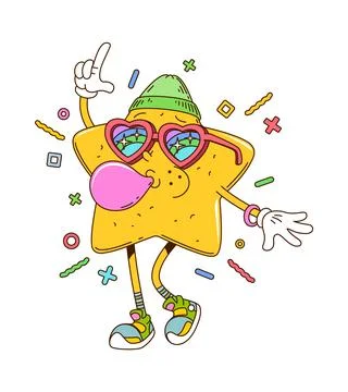 Star chewing bubble gum groovy funny character Stock Illustration
