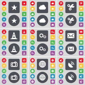 Star, Cloud, Scissors, Cone, Gear, Message, Camera, Globe, Satellite dish icon s Stock Illustration
