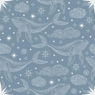 Star constellation clouds and celestial whale seamless pattern Stock Illustration