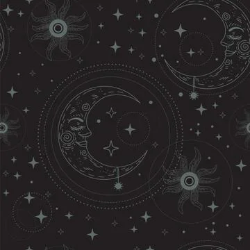 Star constellation clouds and sun seamless pattern Stock Illustration