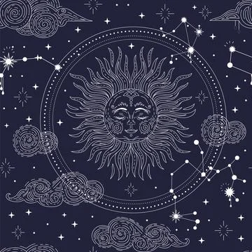 Star constellation clouds and sun seamless pattern イラスト素材