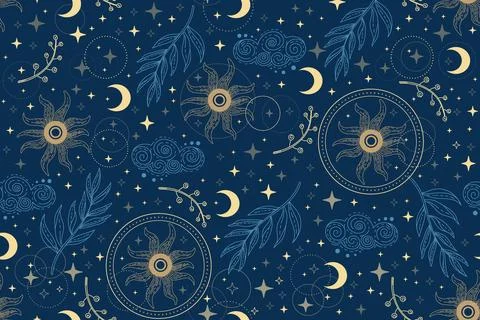 Star constellation with clouds and sun blue seamless pattern 스톡 일러스트