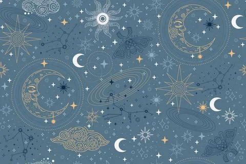 Star constellation clouds and sun blue seamless pattern Stock Illustration
