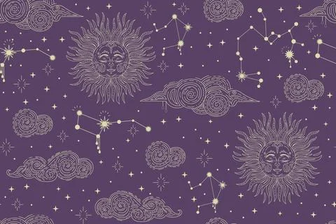 Star constellation clouds and sun seamless pattern purple 스톡 일러스트