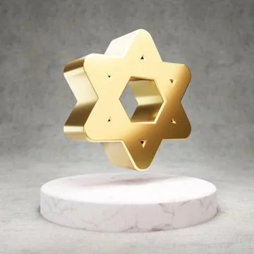 Star of David icon. Shiny golden Star of David symbol on white marble podium. Stock Illustration