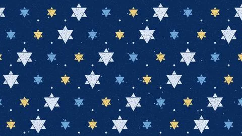 Star of David patterns on dark blue night sky background with twinkling dots Stock Illustration