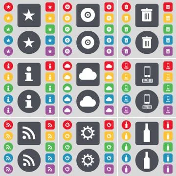 Star, Disk, Trash can, Information, Cloud, Smartphone, RSS, Gear, Bottle icon sy Stock-Illustration
