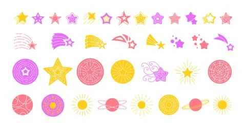 Star doodle icon set bright colored flat vector Stock Illustration