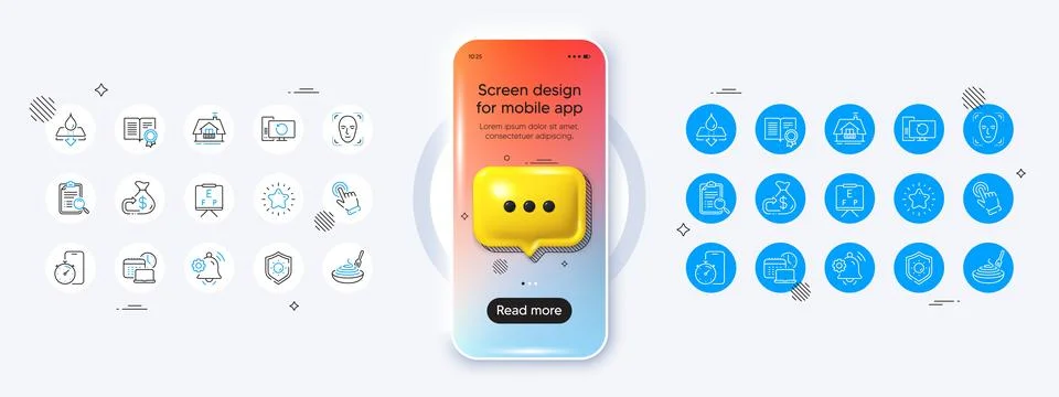Star, Face detection and Timer app line icons. For web app, printing. Phone Stock Illustration