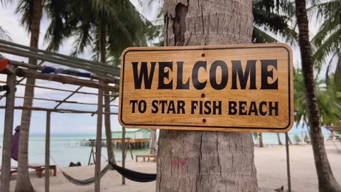 Star Fish Beach Welcome Signboard Scenery Stock Footage 264013456
