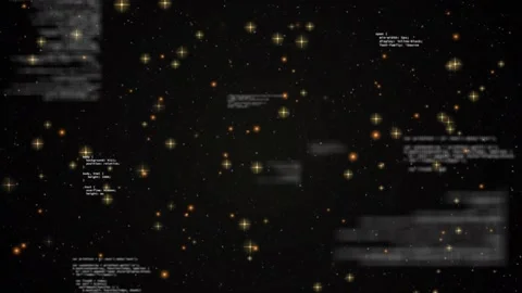 On star flare code blocks and HUD panels drifting left, sharpening then Stock Footage 329833089
