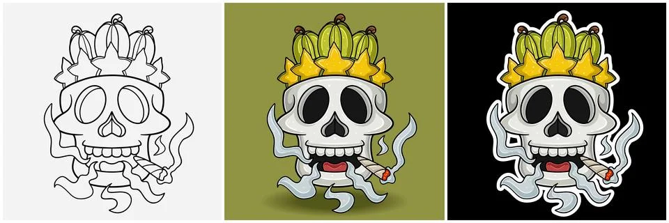 Star Fruit Inside Skull Head With Smoking Character Cartoon. Black White, C.. Stock Illustration