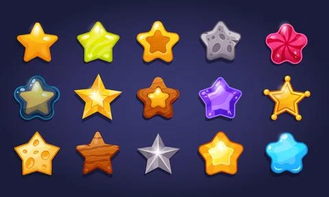 Star game. GUI button. UI cartoon element. Icon cute interface. Medal in fo.. Illustrazione stock