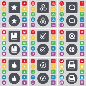 Star, Gear, Chat bubble, Dictionary, Tick, Videotape, Like, Flash, Printer icon Stock Illustration