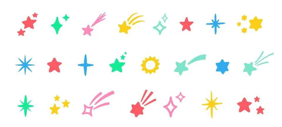 Star Icon Shape Pen Comic Vector Set. Chalk Scribble Sparkle Graffiti Sturburst Illustrazione stock