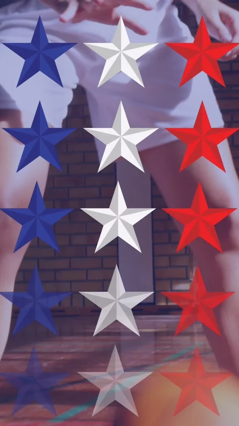 Star icons pattern design against caucasian female basketball player practicing Stock Footage 342315931